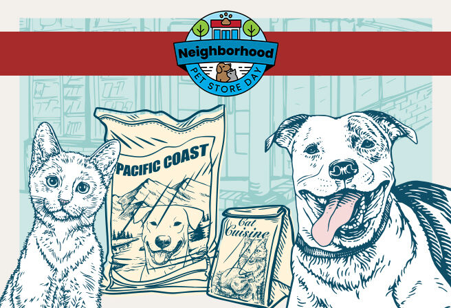 illustration of cat and dog with bags of food and Neighborhood Pet Store Day logo